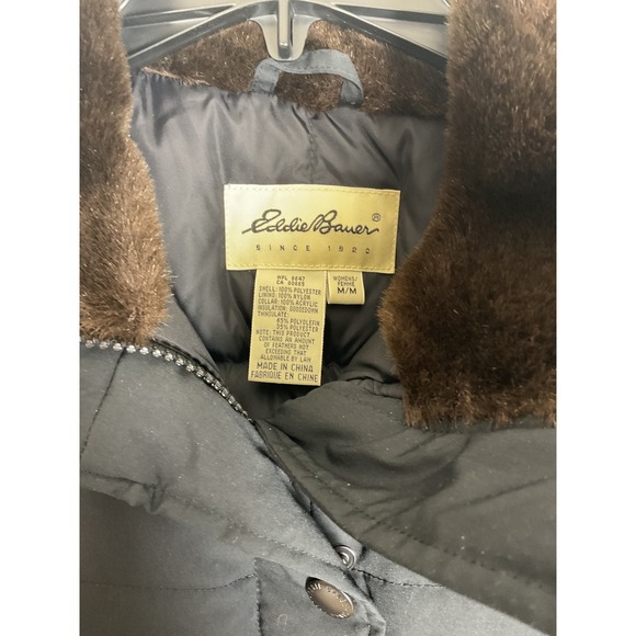 Eddie Bower Women's Long Black Down Parka Faux Fur Neck No Hood Size Medium - Picture 3 of 8